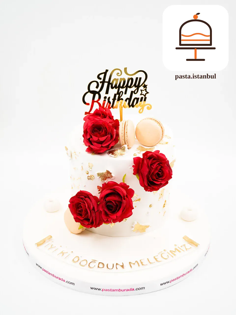 Gül Ve Macaron Tasarım Pasta
